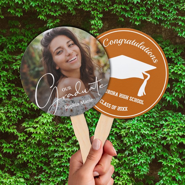 Grad Cap Modern Graduate Photo Burnt Orange Hand Fan (Keep cool on graduation day or at your party with these photo double-sided hand fans.)