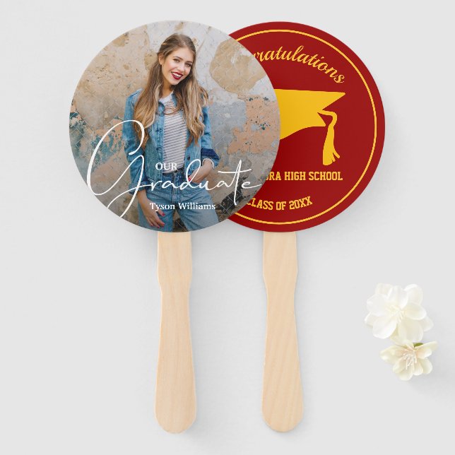 Grad Cap Modern Graduate Photo Cardinal and Gold Hand Fan (Front and Back)