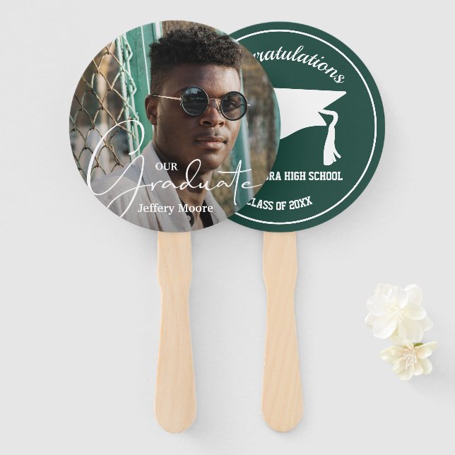 Grad Cap Modern Graduate Photo Dark Green Hand Fan (Front and Back)