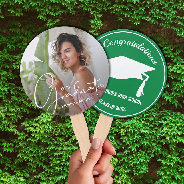 Grad Cap Modern Graduate Photo Green Hand Fan (Keep cool on graduation day or at your party with these photo double-sided hand fans.)