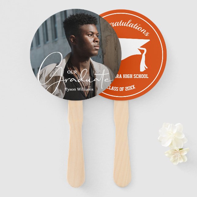 Grad Cap Modern Graduate Photo Orange Hand Fan (Front and Back)