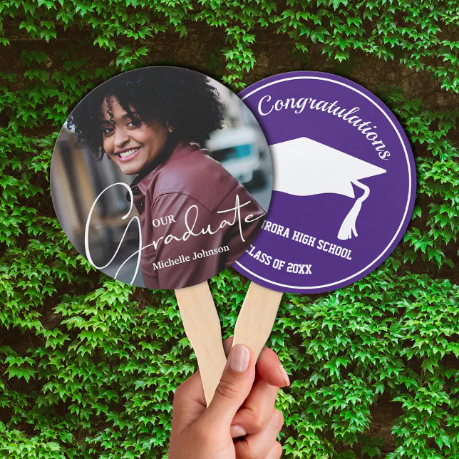 Grad Cap Modern Graduate Photo Purple Hand Fan | Zazzle