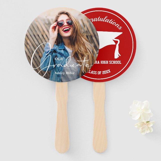Grad Cap Modern Graduate Photo Scarlet Hand Fan (Front and Back)