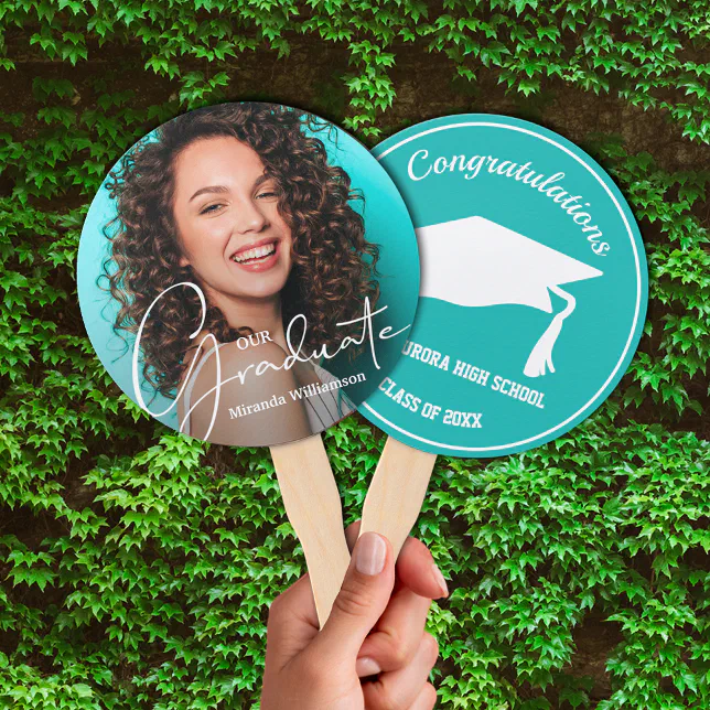 Grad Cap Modern Graduate Photo Turquoise Hand Fan | Zazzle
