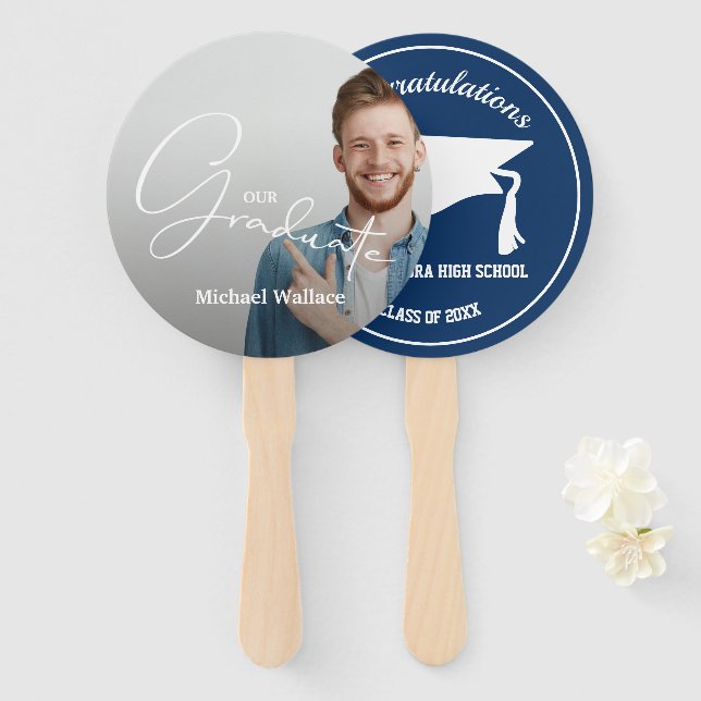 Grad Cap Modern Script Graduate Photo Hand Fan (Front and Back)