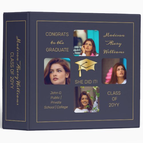 Grad Cap Multiple Photo Graduate Dk Blue Keepsake 3 Ring Binder