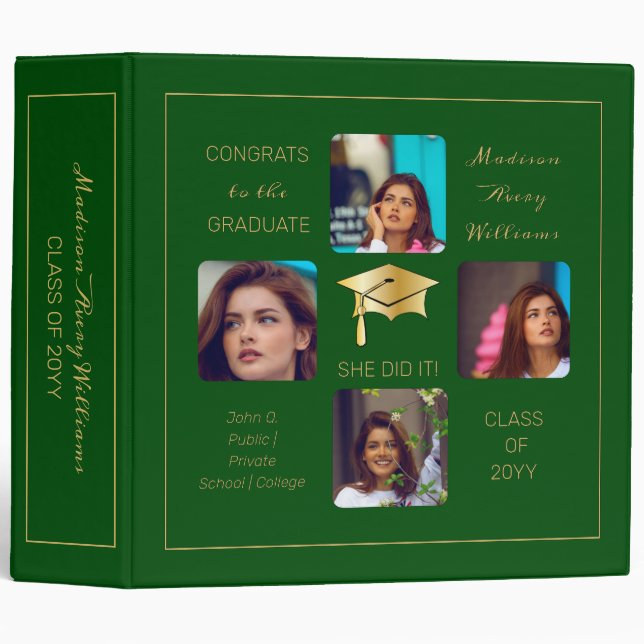 Grad Cap Multiple Photo Graduate Green Keepsake 3 Ring Binder (Front/Spine)