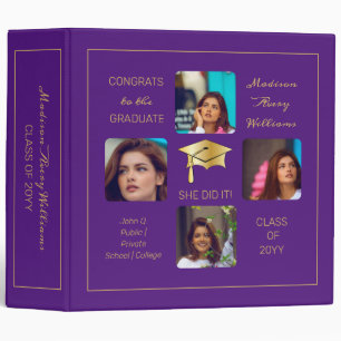 Grad Cap Multiple Photo Graduate Purple Keepsake 3 Ring Binder