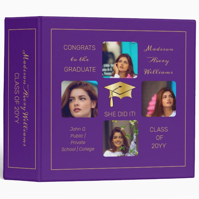 Grad Cap Multiple Photo Graduate Purple Keepsake 3 Ring Binder (Front/Spine)