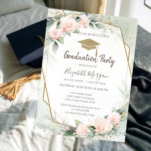 Grad Cap Pink Roses Frame Graduation Invitation