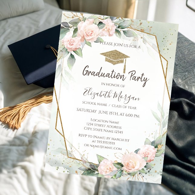 Grad Cap Pink Roses Frame Graduation  Invitation (Creator Uploaded)