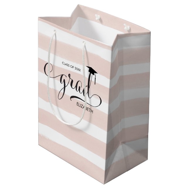 Grad Cap Pink Stripes Medium Gift Bag (Back Angled)