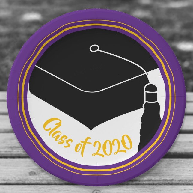 Grad Cap Purple and Gold Class Year Paper Plates (Creator Uploaded)