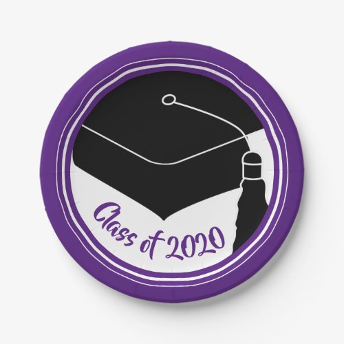 Grad Cap Purple and White Class Year Paper Plates