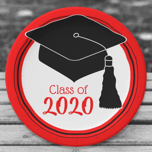 Grad Cap Red and Black Class Year Paper Plates (Creator Uploaded)