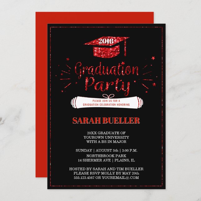 Grad Cap Red Glitter 2018 Graduation Party Invitation (Front/Back)