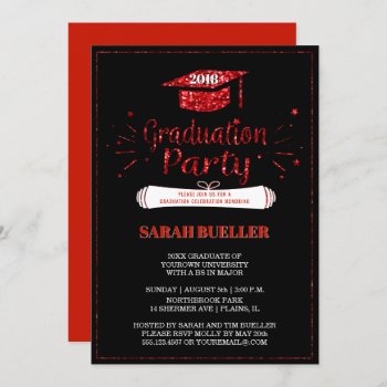Grad Cap Red Glitter 2018 Graduation Party Invitation by angela65 at Zazzle