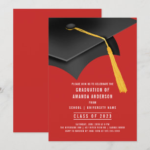 Grad Cap Red Graduation Party Invitation