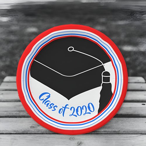 Grad Cap Red White and Blue Class Year Paper Plates