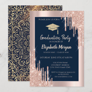 Grad Cap,Rose Gold Drips,Navy Blue Gold Mandala Invitation