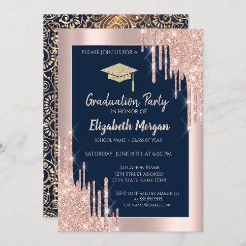  Grad CapRose Gold DripsNavy Blue Gold Mandala Invitation