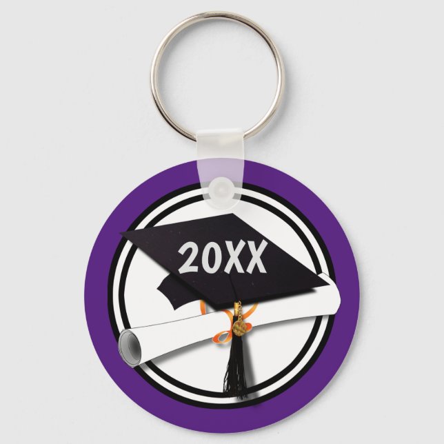 Grad Cap School Colors Black Purple Keychain (Front)