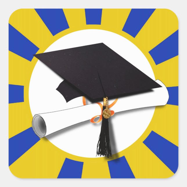 Grad Cap School Colors Blue and Gold Square Sticker (Front)