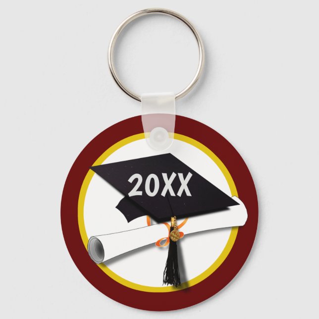 Grad Cap School Colors Gold and Red Keychain (Front)