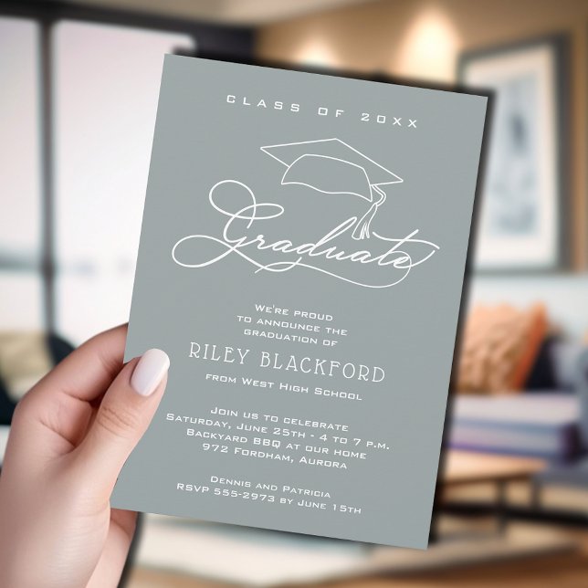 Grad Cap Silver Gray Graduation Announcement (Silver gray graduation announcement cards feature your details in chic white lettering.)