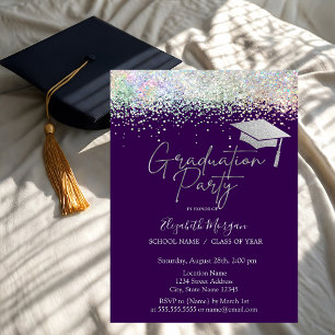 Grad Cap Tassel Confetti Purple Graduation Invitation