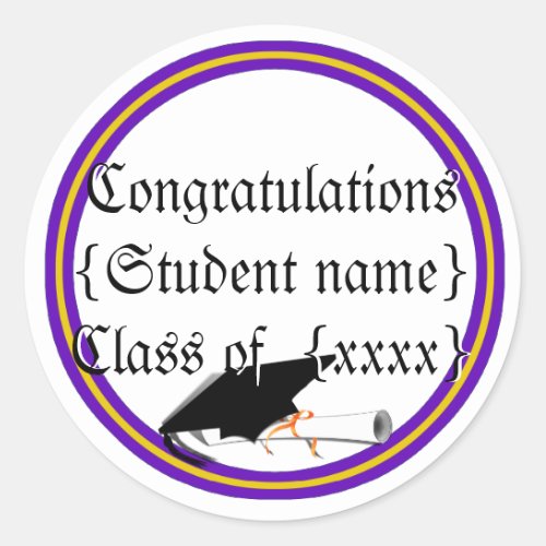 Grad Cap Tilt  Diploma  w Colors Purple  Gold Classic Round Sticker