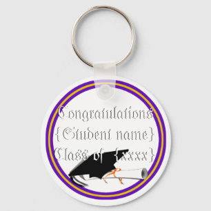 Grad Cap Tilt & Diploma w/ Colors Purple & Gold Keychain