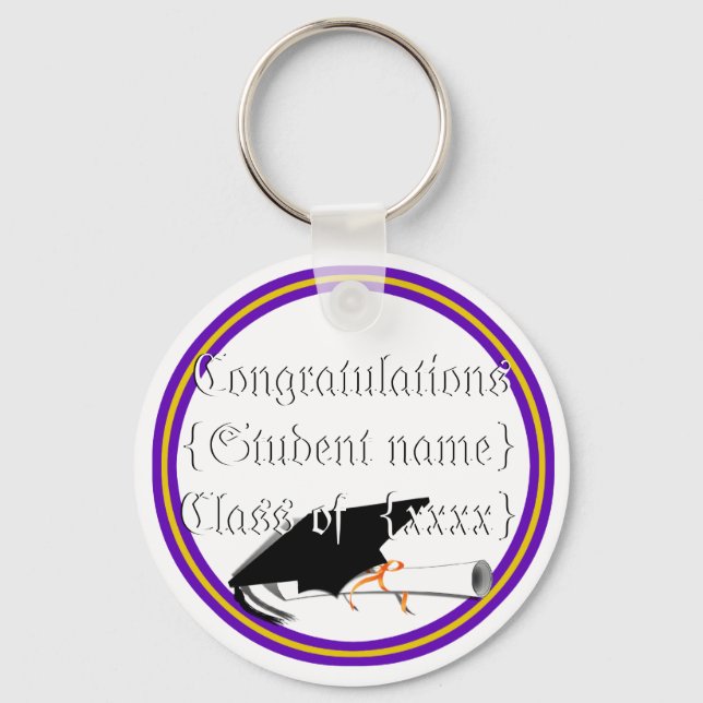 Grad Cap Tilt & Diploma  w/ Colors Purple & Gold Keychain (Front)