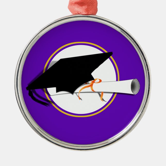Grad Cap Tilt w/ School Colors Purple And Gold Metal Ornament (Front)