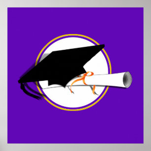 Grad Cap Tilt w/ School Colors Purple And Gold Poster