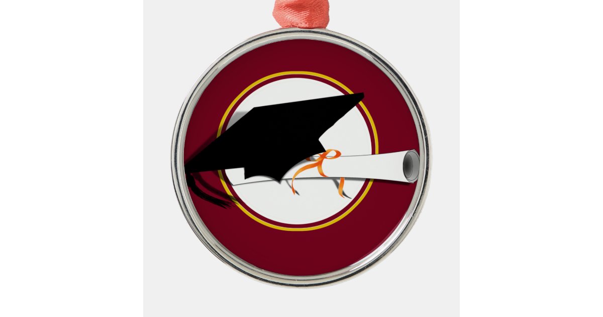 Grad Cap Tilt w/ School Colors Red And Gold Metal Ornament | Zazzle