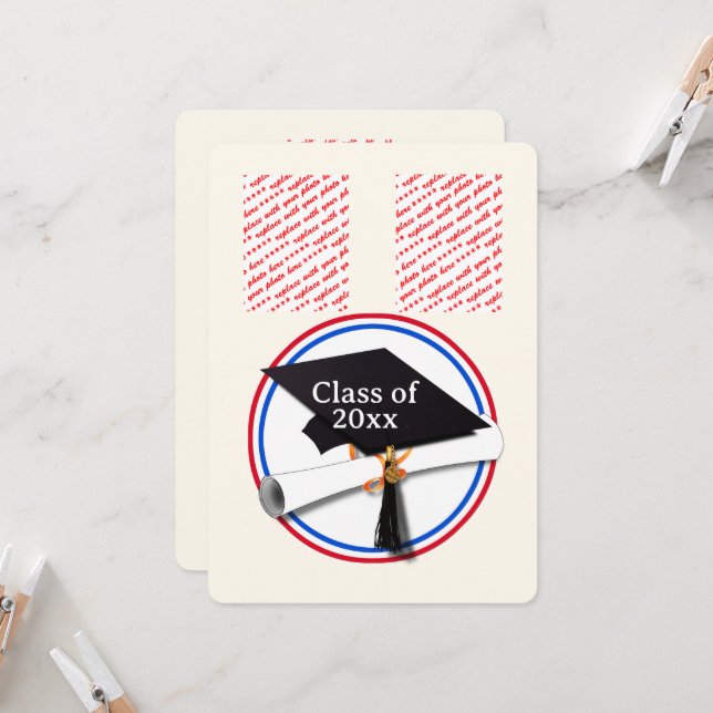 Grad Cap w/Diploma - Red & Blue School Colors Invitation (Front/Back In Situ)