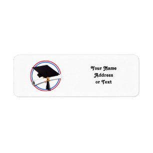 Grad Cap w/Diploma - Red & Blue School Colors Label