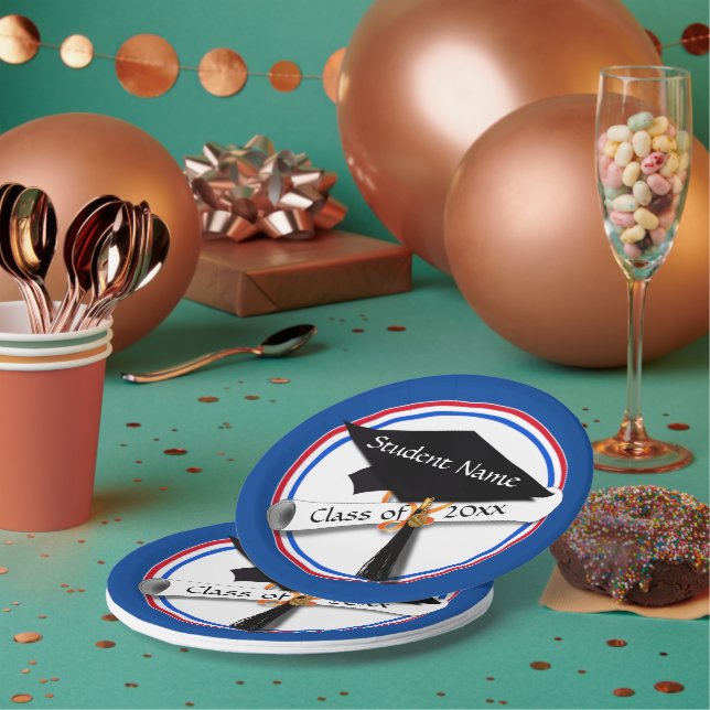 Grad Cap w/Diploma - Red & Blue School Colors Paper Plates (Multi)