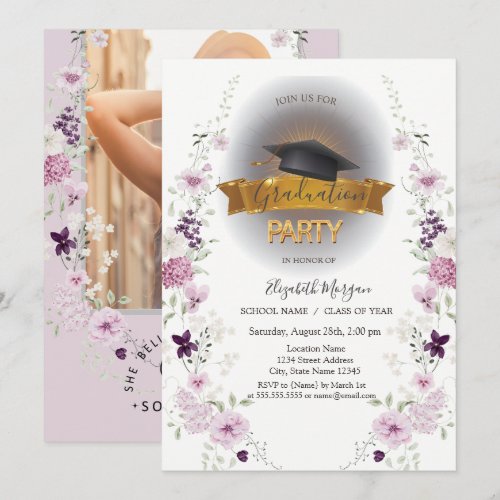 Grad Cap,Wildflowers Photo Lilac Graduation  Invitation