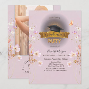  Grad Cap,Wildflowers Photo Purple Graduation  Invitation