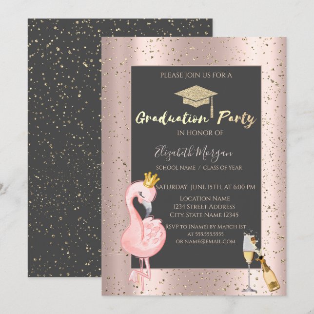  Grad Cap,Wine,Flamingo Rose Gold Graduation Invitation (Front/Back)