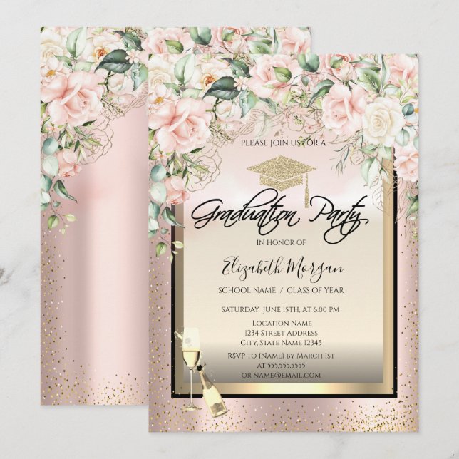 Grad Cap,Wine Glass,Confetti Roses Graduation Invitation (Front/Back)