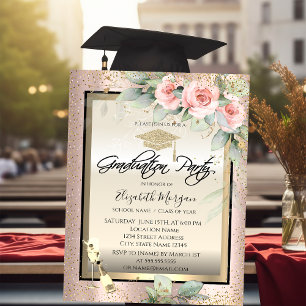 Grad Cap,Wine Glass,Flowers Rose Gold Graduation Invitation
