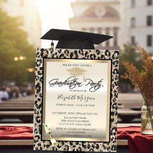 Grad Cap,Wine Glass Glitter Leopard Print  Invitation