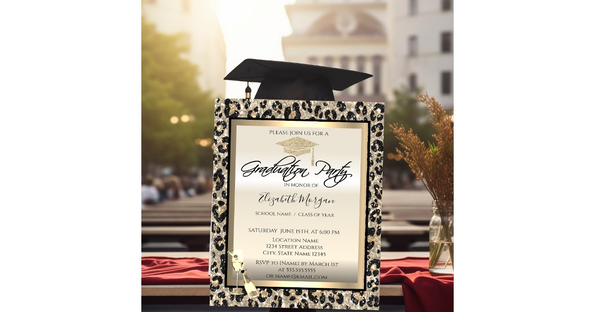 Leopard Graduation Invitations Grad Cap,Wine Glass Glitter Leopard Print Invitation | Zazzle