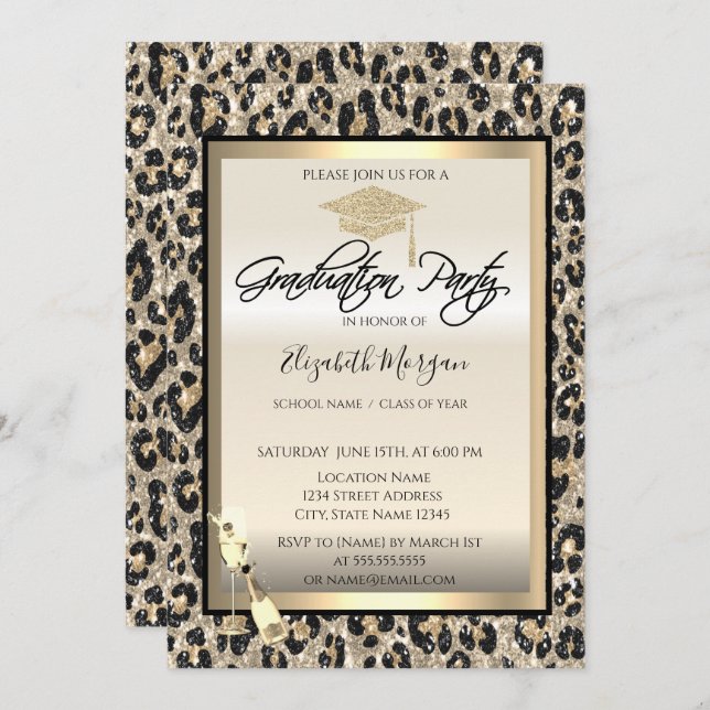 Grad Cap,Wine Glass Glitter Leopard Print  Invitation (Front/Back)