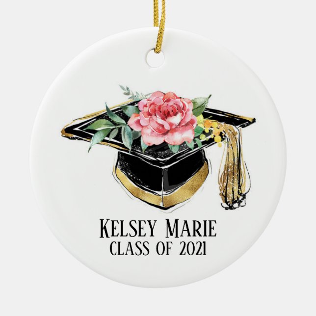 Grad Cap With Flowers Graduation Keepsake Ceramic Ornament (Front)
