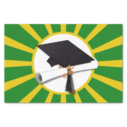 Grad Cap with Green and Gold Graduation Tissue Paper