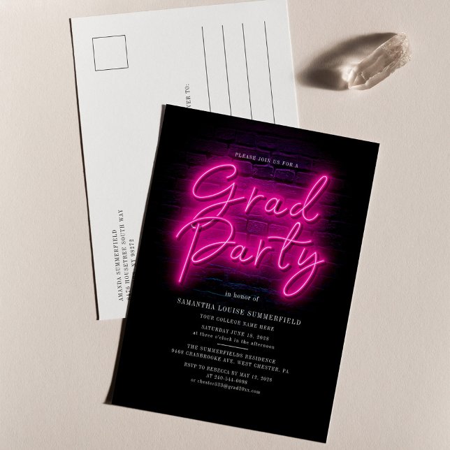 Grad Class 2026 Pink Neon Script Graduation Party Invitation Postcard (Pink Neon Script Graduation 2024 Party Invitation Postcard)